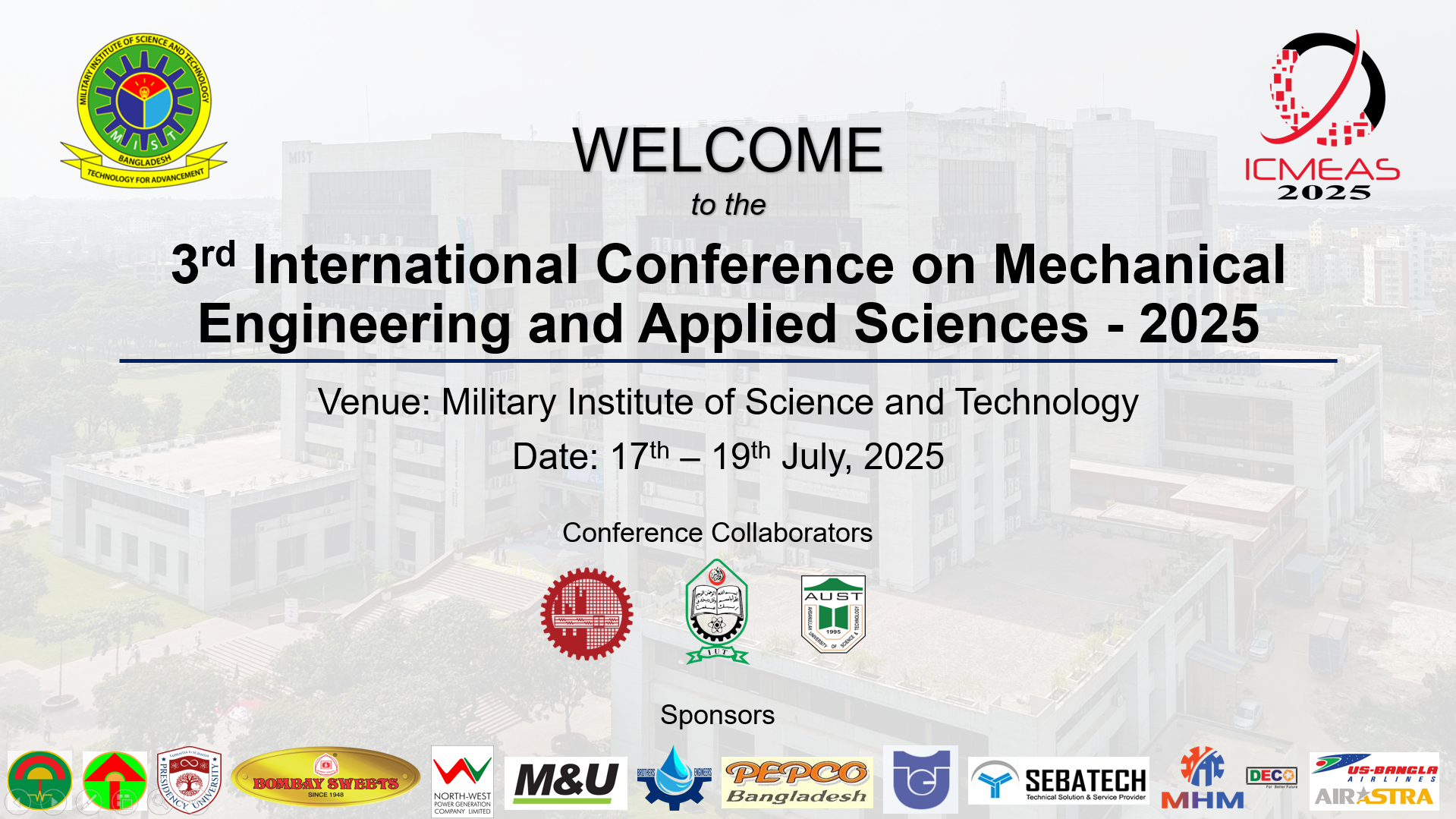 Invitation to All ME Alumni for the Closing Ceremony of ICMEAS 2025 at MIST